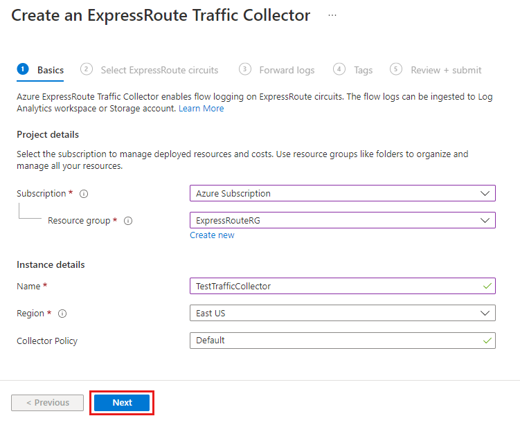 Screenshot of the basics page for create an ExpressRoute Traffic Collector.