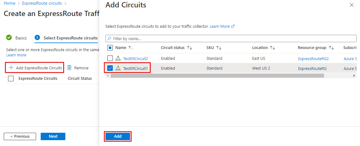 Screenshot of the select ExpressRoute circuits tab and add circuits page.