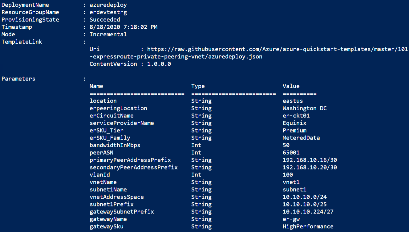 ExpressRoute Resource Manager template PowerShell deployment output