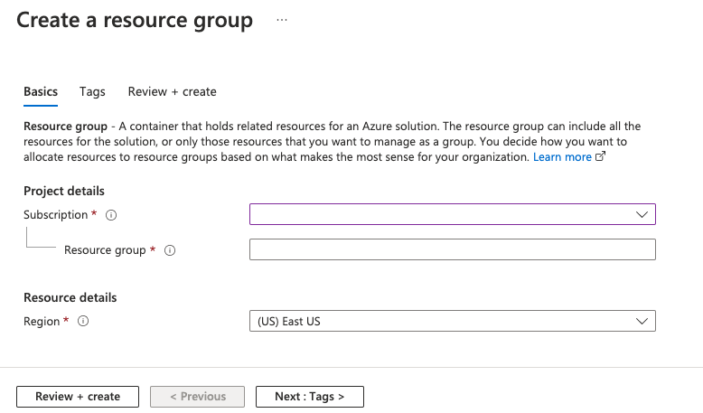 Screenshot that shows the Create a resource group Basics tab.