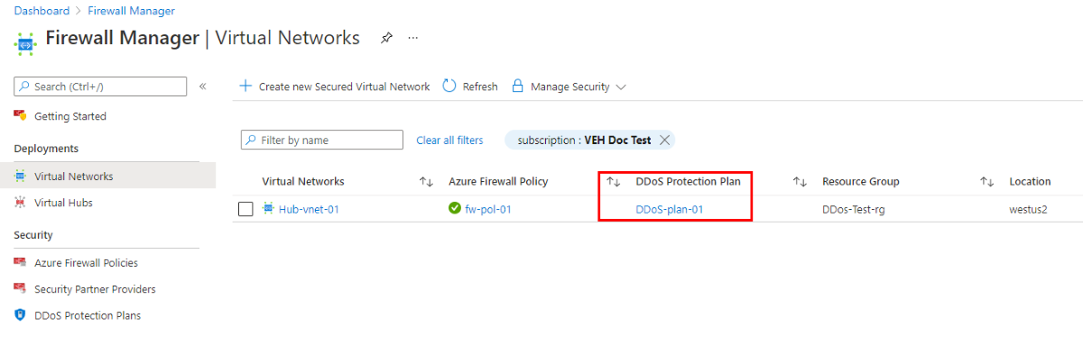 Screenshot showing virtual network with DDoS Protection Plan