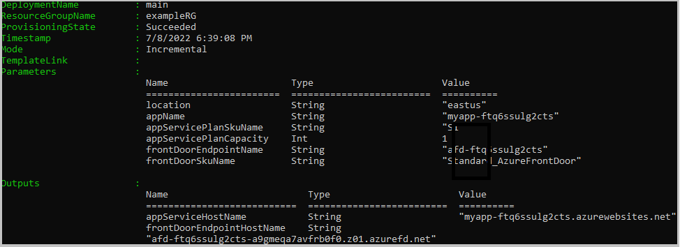 Screenshot of Front Door Bicep PowerShell deployment output.