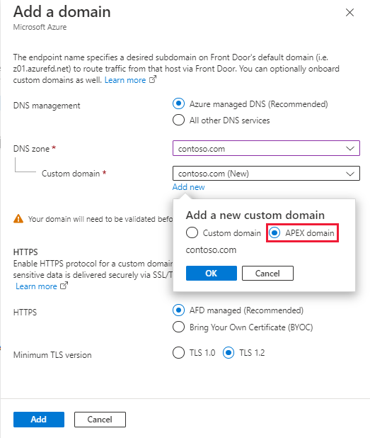 Screenshot that shows adding a new custom domain to an Azure Front Door profile.