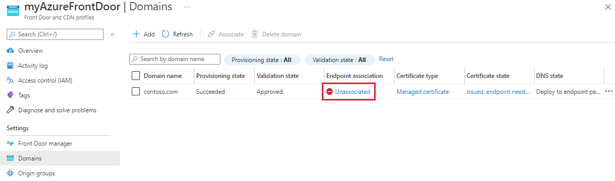 Screenshot that shows an unassociated custom domain added to an endpoint.