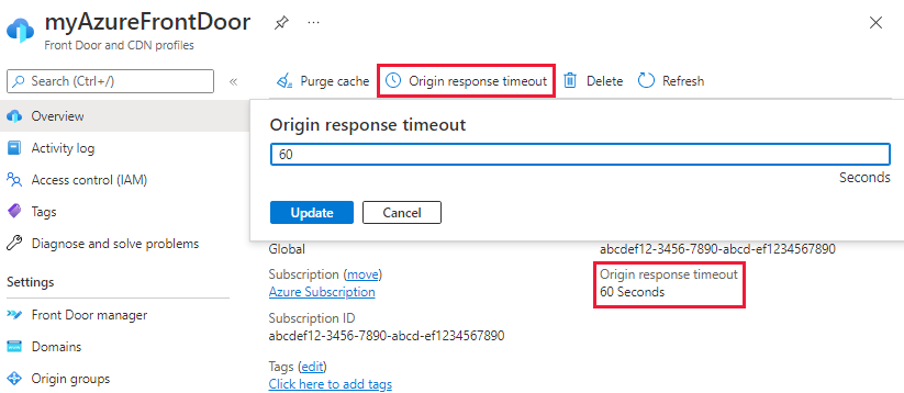Screenshot of the origin timeout settings on the overview page of the Azure Front Door profile.
