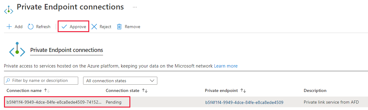 Screenshot of pending private endpoint request.