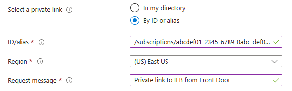 Screenshot of selecting a private link service using a resource ID.