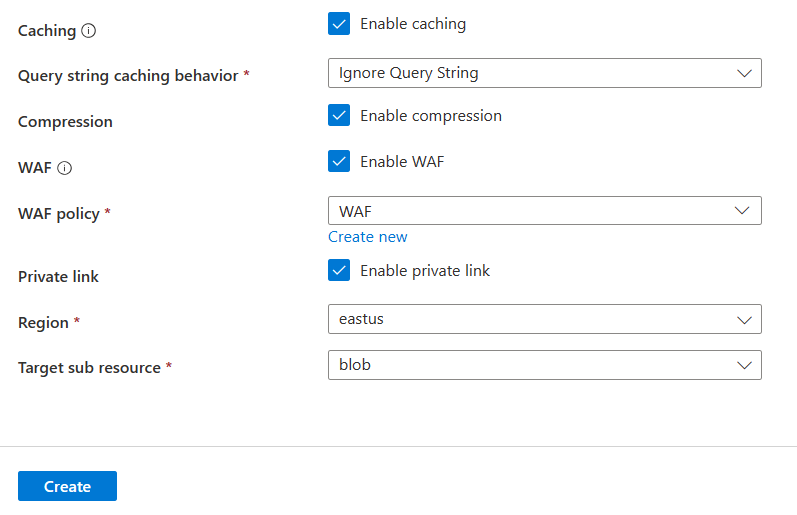 Screenshot of the caching, WAF and private link settings for an endpoint.