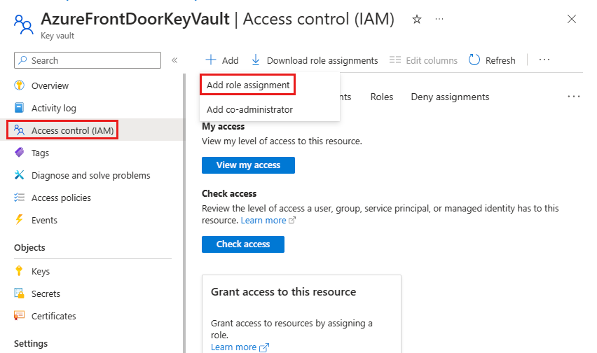 Screenshot of the access control (IAM) page for a Key Vault.