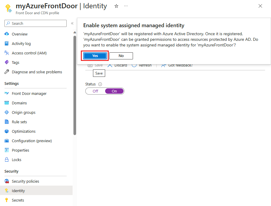 Screenshot of the system assigned managed identity confirmation message.