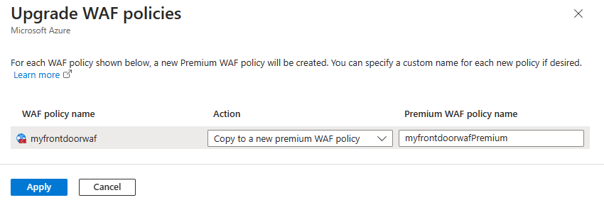 Screenshot of the upgrade WAF policy screen.