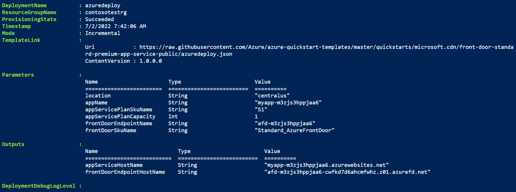 Front Door Resource Manager template PowerShell deployment output
