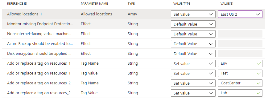 Screenshot of the entered options for allowed values for the allowed locations definition parameter and values for both tag parameter sets on the policy parameters tab of the initiative definition page.