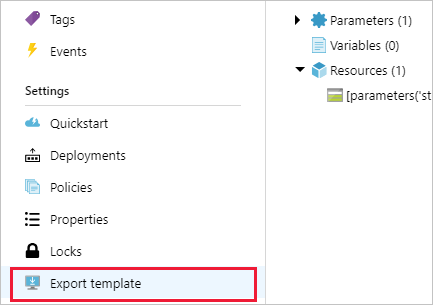 Screenshot of the Export template page on an existing resource in Azure portal.