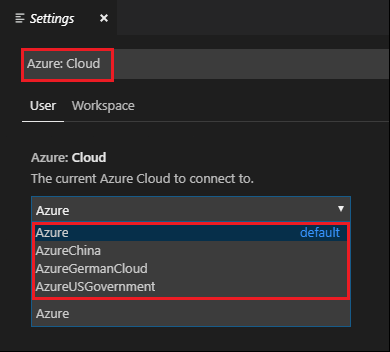 Screenshot of selecting the nation Azure cloud sign in for Visual Studio Code.