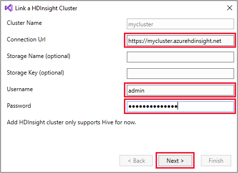 Link a cluster, HDInsight, Visual Studio