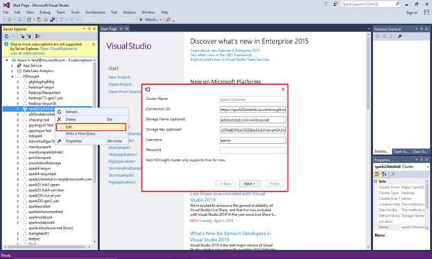Edit a linked cluster, HDInsight, Visual Studio