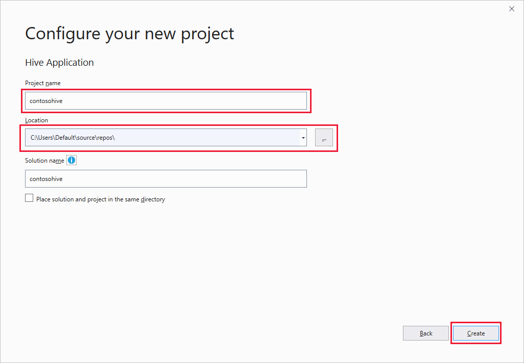 New Hive application, Configure your new project window, HDInsight Visual Studio