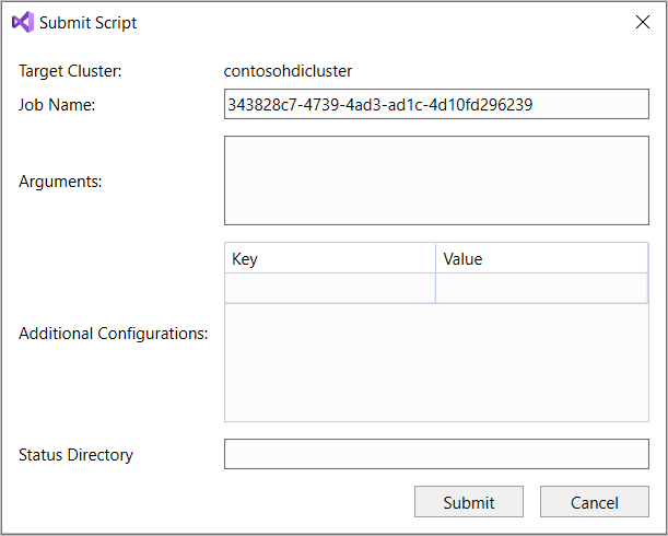 Submit Script dialog box, Hive ad-hoc query, HDInsight cluster, Visual Studio