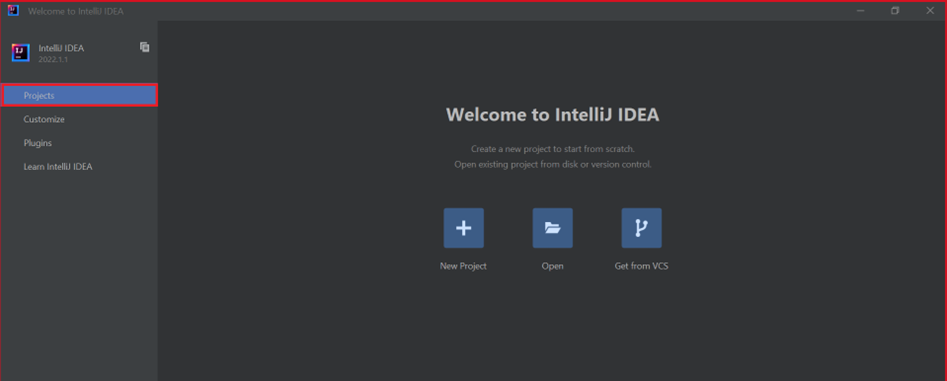 Screenshot showing IntelliJ Welcome Screen.