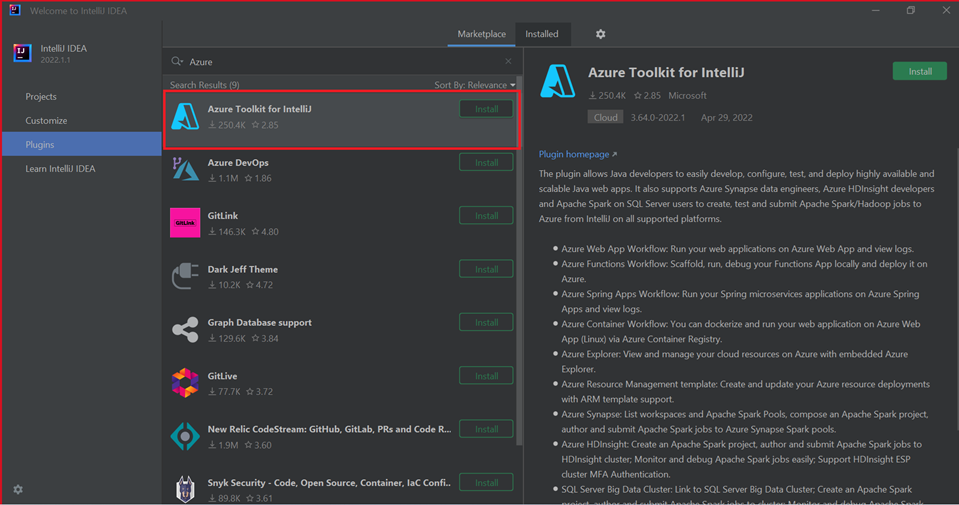 Screenshot showing IntelliJ Azure Tool Kit.