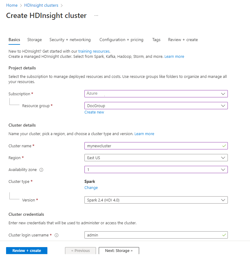 Screenshot shows Create H D Insight cluster with the Basics tab selected.