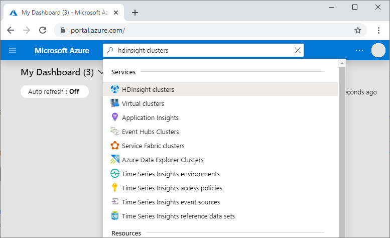 Screenshot shows the Azure portal search for HDInsight.