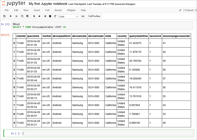 Screenshot that shows Hive query output in HDInsight.