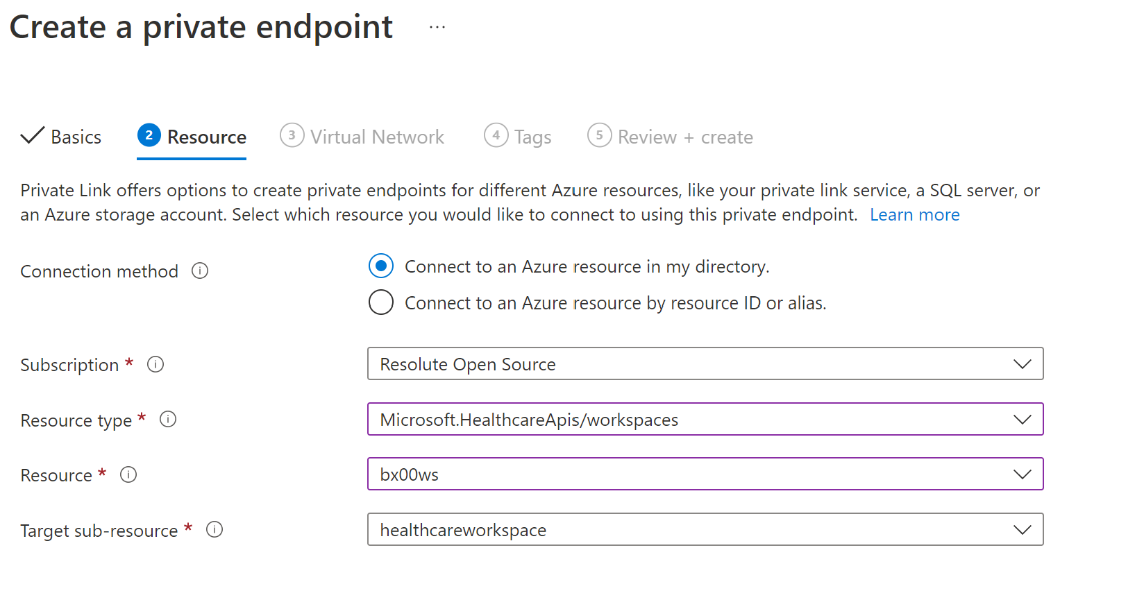 Screenshot showing image of the Azure portal Resource tab.