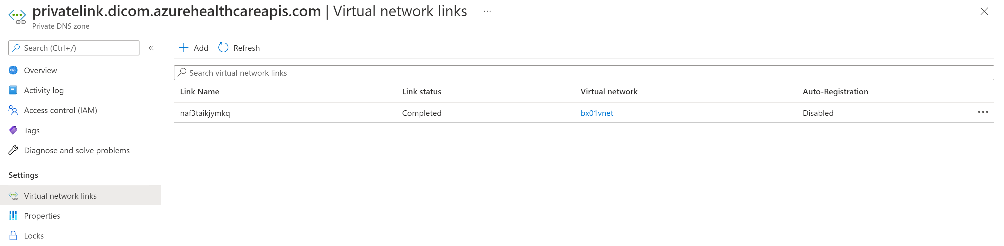 Screenshot showing image of Private Link virtual network Link DICOM.
