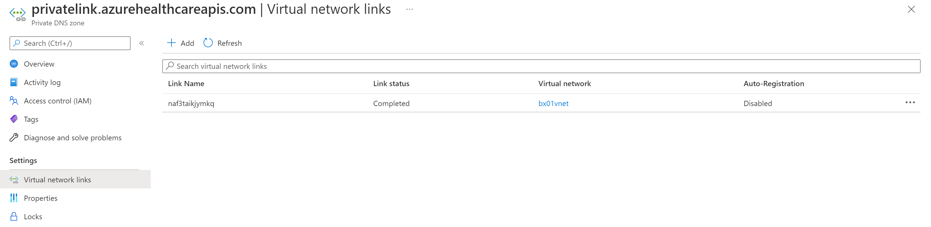 Screenshot showing image of Private Link virtual network Link FHIR.
