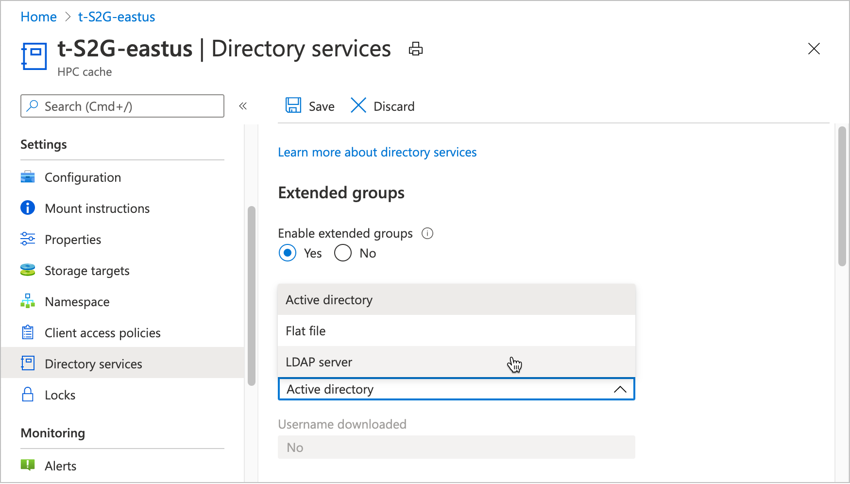 Screenshot of directory services page settings page in portal, with the Yes option selected for extended groups, and the drop-down menu labeled 'Download source' open.