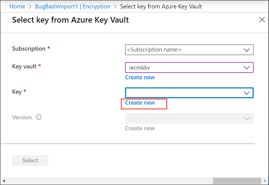 Screenshot of the "Select key from Azure Key Vault" screen. The "Create new" button for the Key option is highlighted.