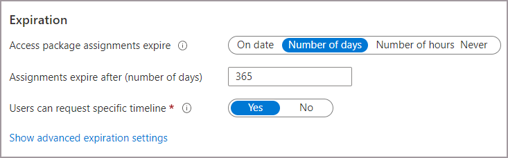 Access package - Lifecycle Expiration settings