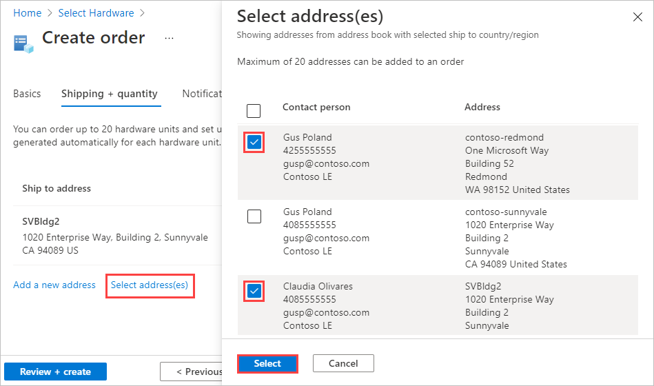 Screenshot of Select Addresses screen for Azure Edge Hardware Center order. "Select addresses" option, two selected addresses, and Select button are highlighted.
