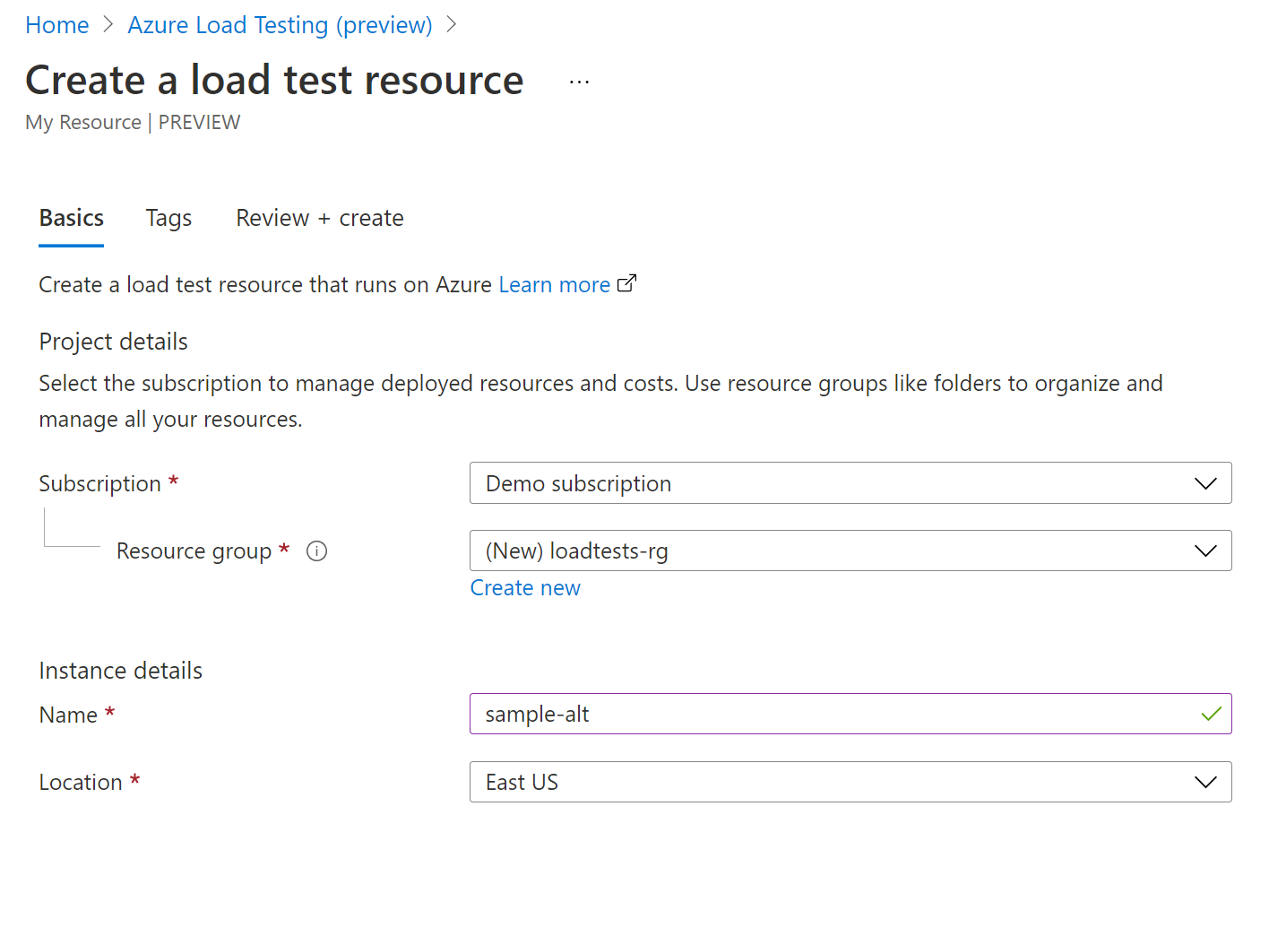 Screenshot that shows the Basics tab for creating an Azure Load Testing resource.