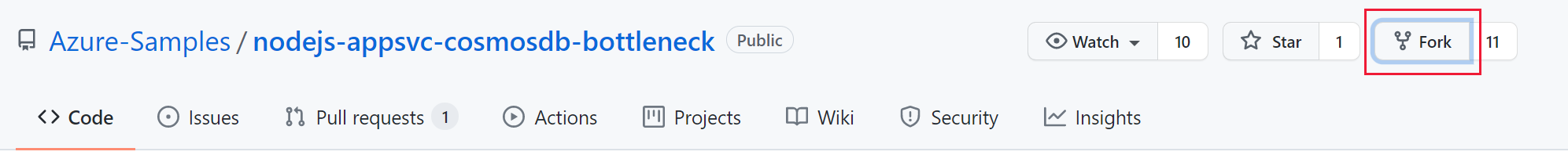 Screenshot that shows the button to fork the sample application's GitHub repo.
