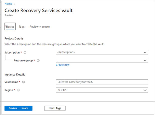 Screenshot that shows boxes for configuring a Recovery Services vault.