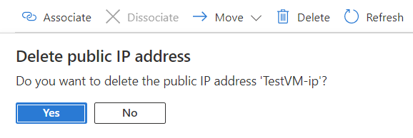 Screenshot of Delete public IP address resource confirmation.