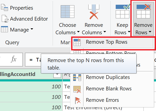 Example showing where to remove top rows