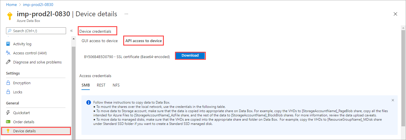Download certificate for Data Box in the Azure portal