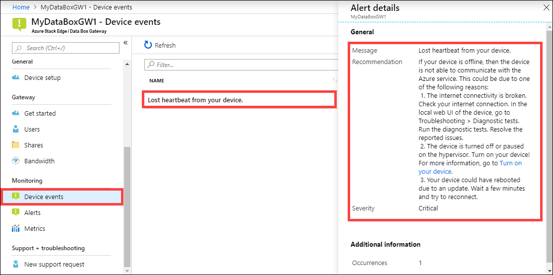 Screenshot showing alert details on the "Device events" blade in the Azure portal. The "Device events" menu item, the alert, and alert details are highlighted.