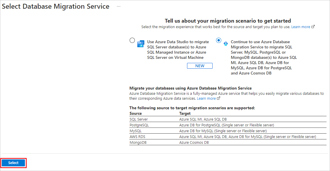Select Database Migration Service scenario