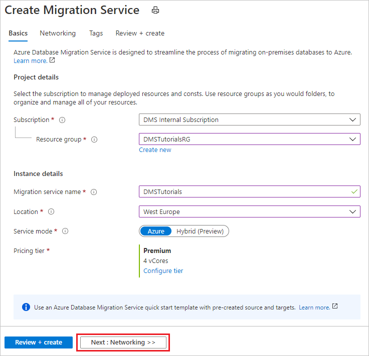 Configure Azure Database Migration Service instance basics settings