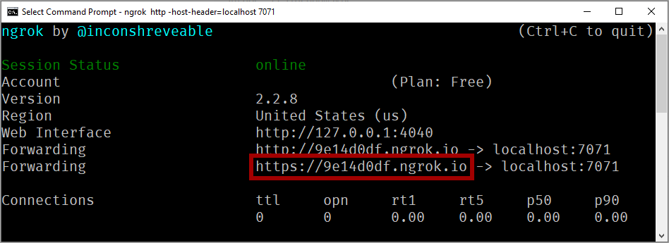 Screenshot that shows the Command Prompt after starting the "ngrok" utility.