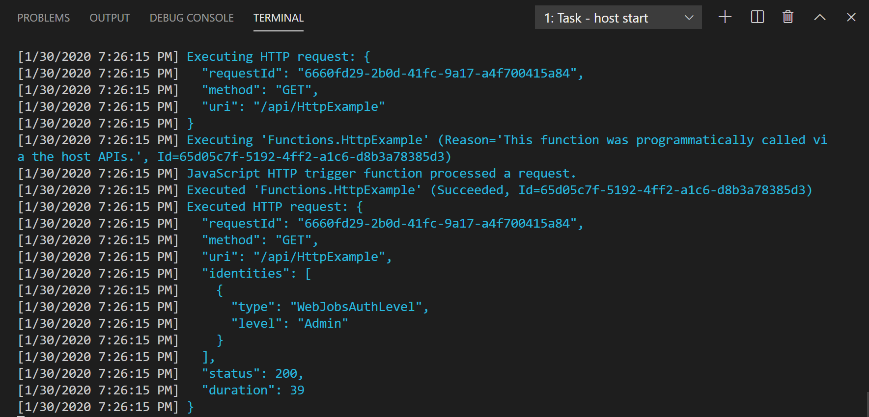 Task host start - VS Code terminal output