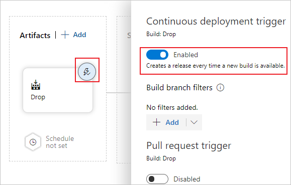 Open the artifact triggers and toggle to enable the continuous deployment trigger