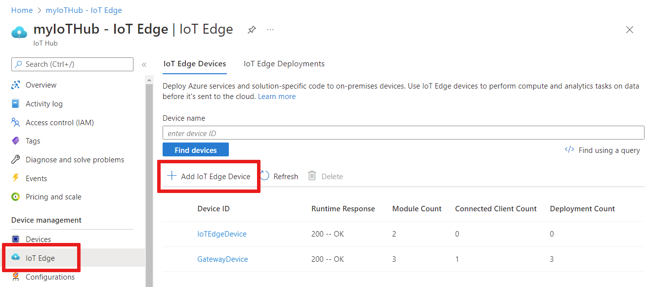 Screenshot of how to add an I o T Edge device from the Azure portal.
