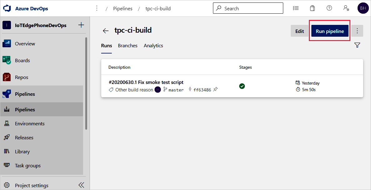 Manually trigger your build pipeline using the Run pipeline button