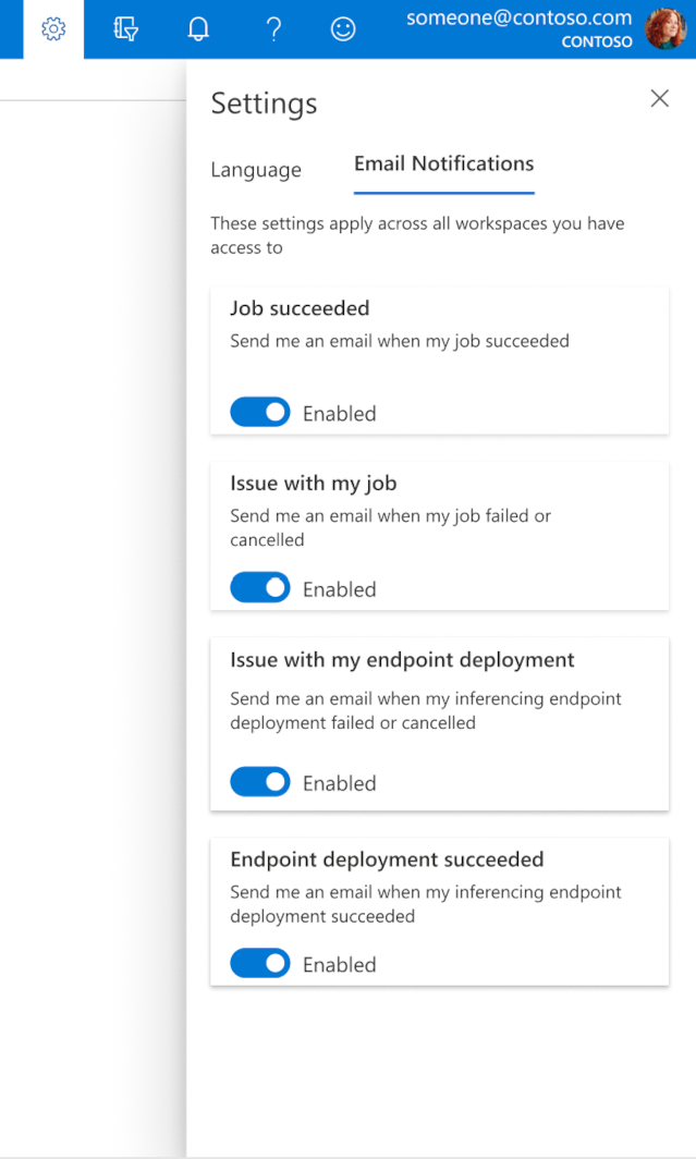 Screenshot of Azure ML Studio's settings on the email notifications tab.